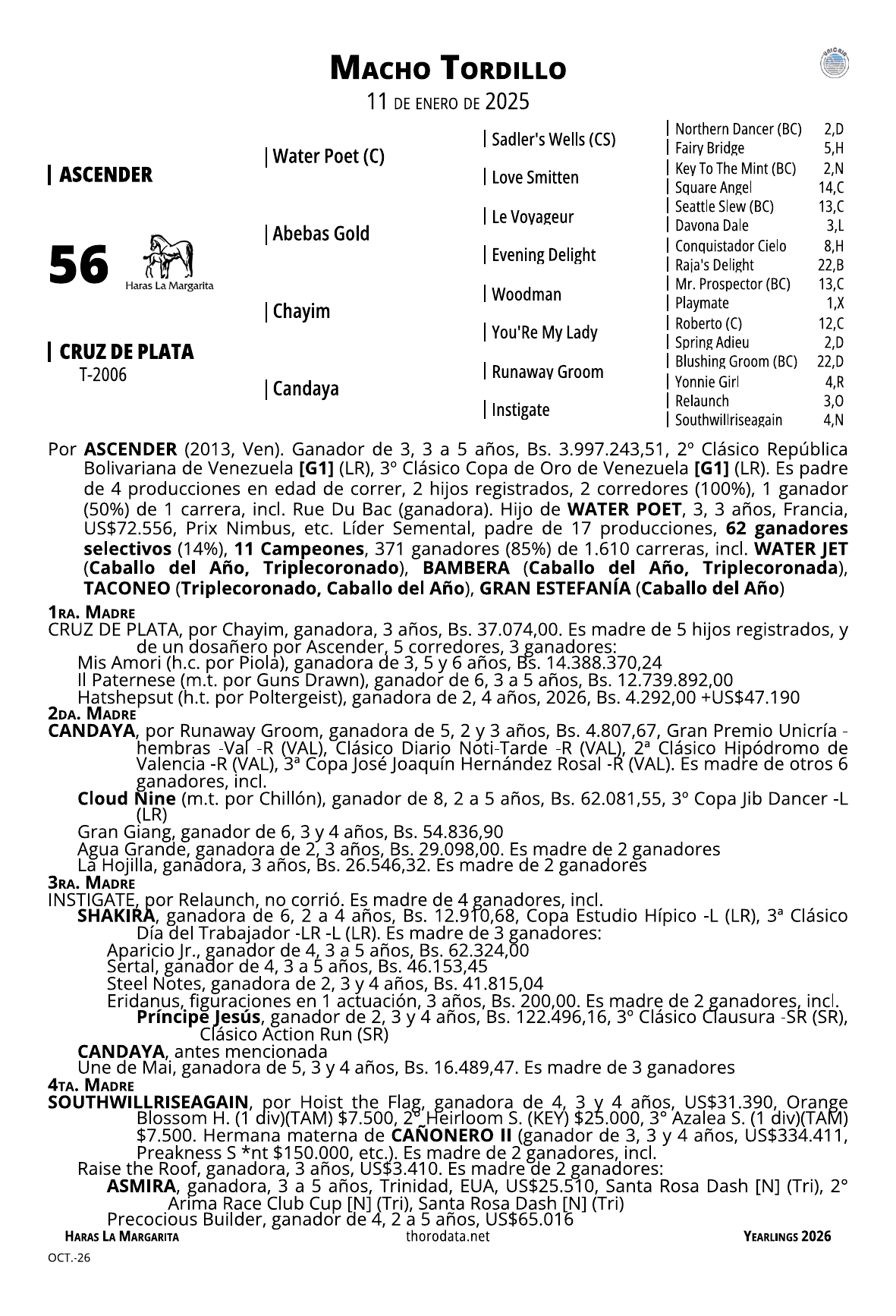 Página del catálogo con el pedigree del lote 56