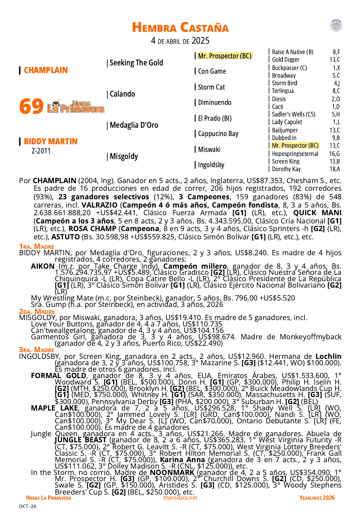 Página del catálogo con el pedigree del lote 69