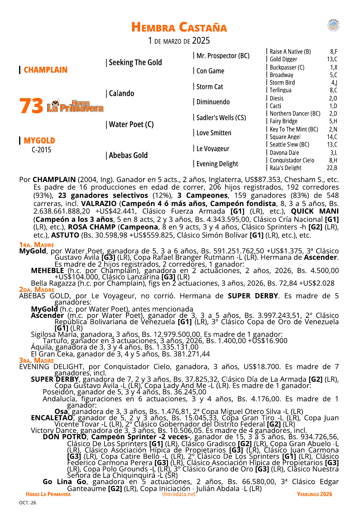 Página del catálogo con el pedigree del lote 73