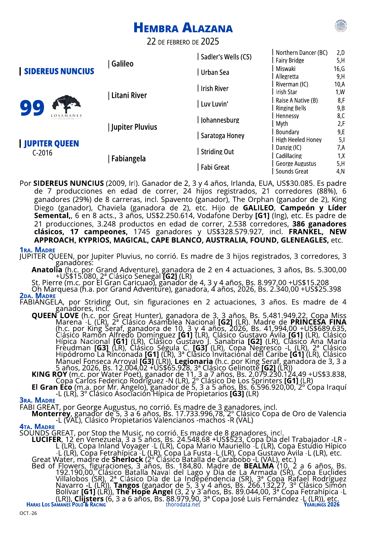 Página del catálogo con el pedigree del lote 99